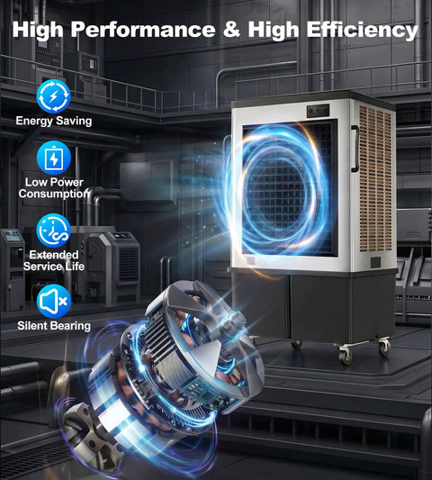 Built Tough Evaporative Air Cooler With 18800 Cfm Covering 3000 Sq Ft For Homes Garages And Shops Featuring Auto Fill System 50 Gal Tank in industrial setting