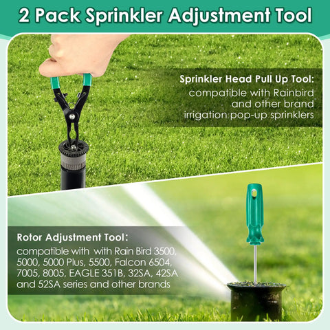 Sprinkler Head Tool Set for Rain Bird Irrigation Systems, Pull Up and Rotor Adjustment Tools shown in lawn setup