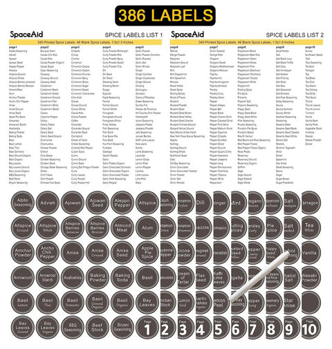 No Sweat Pantry Setup Four Tier Spice Rack Organizer With 28 Square Glass Jars And Complete Label Kit Funnel Set For Cabinet Wall Mount Black Steel Kitchen Storage labels list featuring 386 spice names.