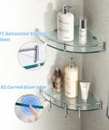 Two Tier Tempered Glass Corner Shower Shelves With Extra Hangers Rustproof Aluminum Bath Organizer holding bottles