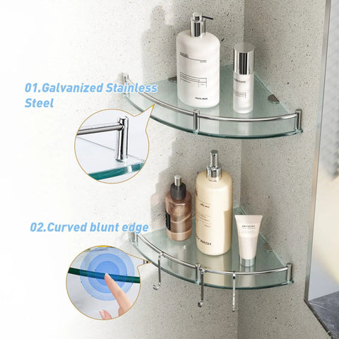 Two Tier Tempered Glass Corner Shower Shelves With Extra Hangers Rustproof Aluminum Bath Organizer holding bottles