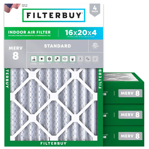 16x20x4 MERV 8 Pleated Air Filter for HVAC Systems, Beat Dust And Allergies, Electrostatic Replacement, 4 Pack, Universal Fit