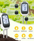 7 In 1 Soil Tester Kit With Backlit LCD for plants displaying pH, EC, TDS, moisture, and temperature in a garden