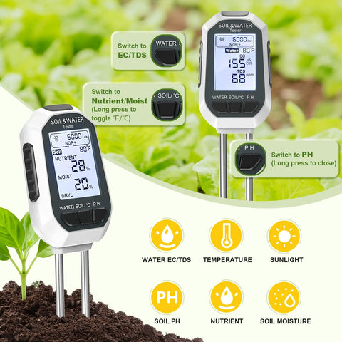 7 In 1 Soil Tester Kit With Backlit LCD for plants displaying pH, EC, TDS, moisture, and temperature in a garden