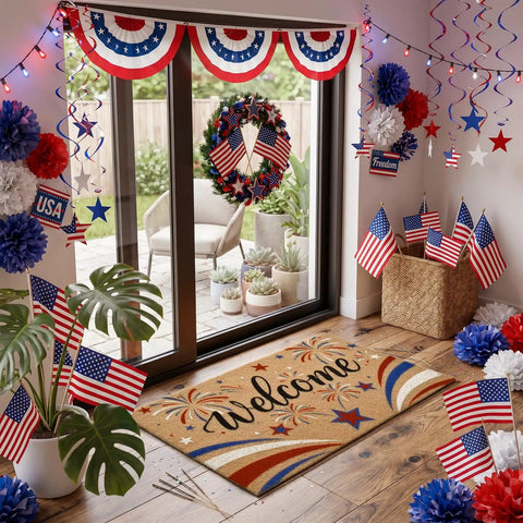 Patriotic 4th Of July Door Mat With Red White Blue Fireworks Design Welcome Mat With Heavy Duty Backing Faux Coco Coir Doormat