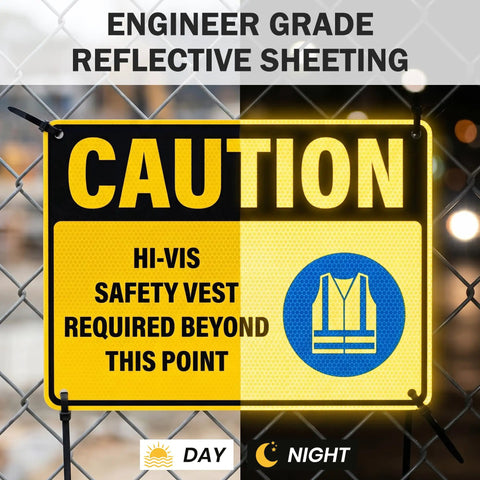 Caution Hi Vis Safety Vest Required Beyond This Point Sign Durable Rust Free Aluminum With UV Protected Print Waterproof Outdoor Warning Sign For Industrial Areas Highly Reflective For Day And Night Visibility, 14x10 in