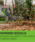 Person using 80V Cordless Leaf Blower With Brushless Motor, 700 CFM At 170 MPH Turbo, blowing leaves on lawn.