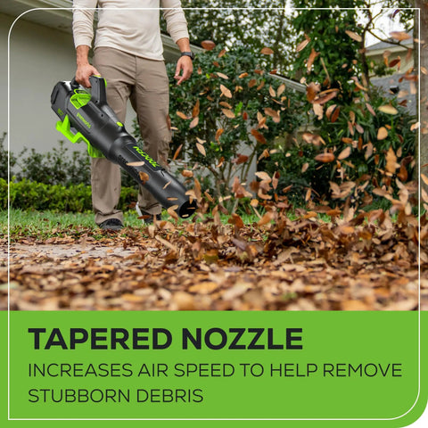 Person using 80V Cordless Leaf Blower With Brushless Motor, 700 CFM At 170 MPH Turbo, blowing leaves on lawn.