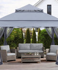 Easy Pop Up Gazebo 11 By 11 With Mosquito Netting for Patio Garden Backyard Gray, set up with outdoor furniture on patio