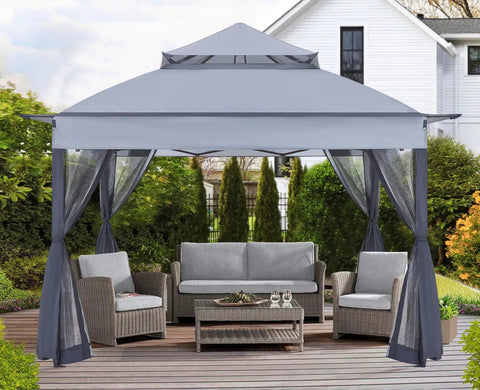 Easy Pop Up Gazebo 11 By 11 With Mosquito Netting for Patio Garden Backyard Gray, set up with outdoor furniture on patio