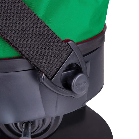Close-up of Hand Held 25 Pound Bag Seeder Spreader, showing durable 600D nylon material and adjustable strap for lawn care.