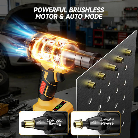 2-In-1 Cordless Brushless Rivet Nut Tool Kit with auto mode, showing powerful motor and rivets in sheet metal