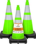 28 Inch Lime Green Traffic Cone With Dual 6 Inch And 4 Inch Reflective Collars, 6 Pack Heavy Duty PVC Safety Cones