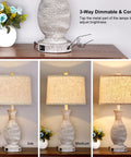 28 Inch Farmhouse Table Lamps Set Of 2 With USB Ports And 3 Way Dimmable Nightstand Lighting, Oatmeal Linen Lampshade, Rustic Resin Base
