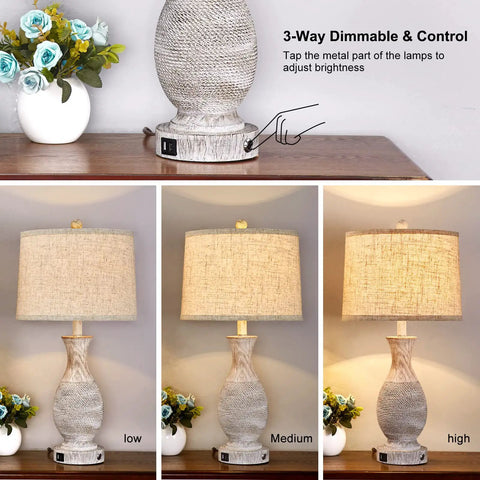 28 Inch Farmhouse Table Lamps Set Of 2 With USB Ports And 3 Way Dimmable Nightstand Lighting, Oatmeal Linen Lampshade, Rustic Resin Base