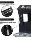 Close-up of Skip The Line Top Tier Automatic Espresso Machine featuring electronic controls and manual milk frothing wand.