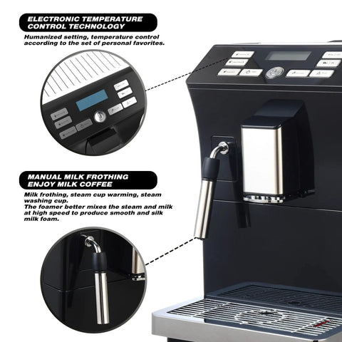 Close-up of Skip The Line Top Tier Automatic Espresso Machine featuring electronic controls and manual milk frothing wand.