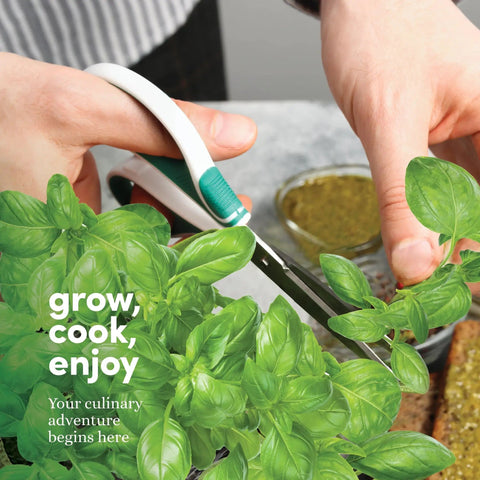 Hand trimming fresh herbs from 9 Herb Indoor Window Garden Kit With Seed Starter For Fresh Homegrown Herbs, Easy To Grow In Kitchen