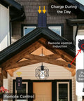 Solar Pendant Lights For Outdoor Spaces, Automatic Solar Powered Hanging Chandeliers For Gazebos And Patios shown on a house porch with remote control and solar panel.