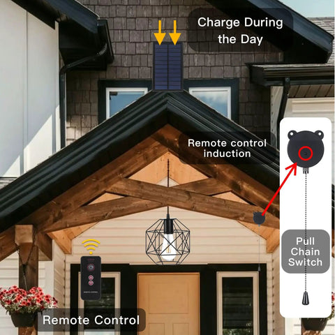 Solar Pendant Lights For Outdoor Spaces, Automatic Solar Powered Hanging Chandeliers For Gazebos And Patios shown on a house porch with remote control and solar panel.