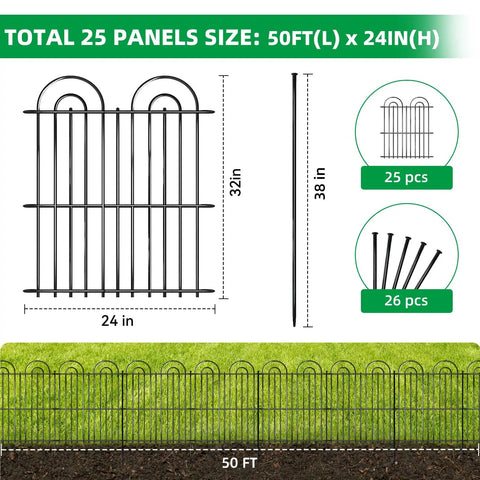No Dig Decorative Garden Fence Kit With 25 Panels, 32 Inch High By 50 Foot Long, Rustproof Metal Wire Fence For Yard, Dog Barrier