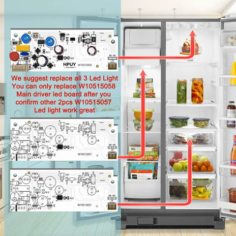 Refrigerator LED Light And Main Driver Replacement WPW10515058 for Kenmore Maytag Whirlpool in open fridge, LED boards shown.