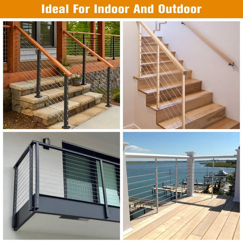Hidden Cable Railing Kit for 2x2 Posts Twenty Pack One Eighth Inch T316 Stainless Steel Swage Stud End Invisible Receiver System for Deck Railings Minimalist Hardware shown on deck, balcony, stairs, and porch.