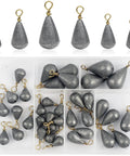 30 Pack Lead Fishing Weight Sinkers With Brass Swivel displayed in plastic compartment box, mixed sizes, streamlined design