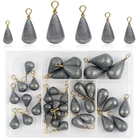 30 Pack Lead Fishing Weight Sinkers With Brass Swivel displayed in plastic compartment box, mixed sizes, streamlined design