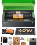 Front view of xTool S1 40W laser cutter for tumblers with green lid, rotary bundle and accessories.