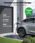 40 Amp Level 2 Portable EV Charger With 240 Volt Supply 25 Foot Cable NEMA 14 50P Plug LCD Display NACS Connector Adjustable