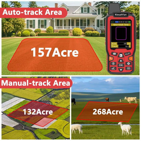 Built Tough Handheld GPS Surveying Tool With GPS GLONASS For Pro Grade, Real World Field Use, Perfect For Ranches, Gardens, Farmland And Parking Lots, Lightning Fast Positioning, Area Accuracy To 0.003 Acres, No Waypoint Saving showing auto-track and manual area measurement