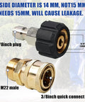 Adapters for Heavy Duty 50 Ft Pressure Washer Hose 3600 PSI showing 3/8 inch plug and M22 male connector details.
