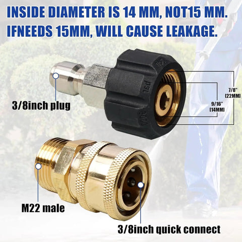 Adapters for Heavy Duty 50 Ft Pressure Washer Hose 3600 PSI showing 3/8 inch plug and M22 male connector details.