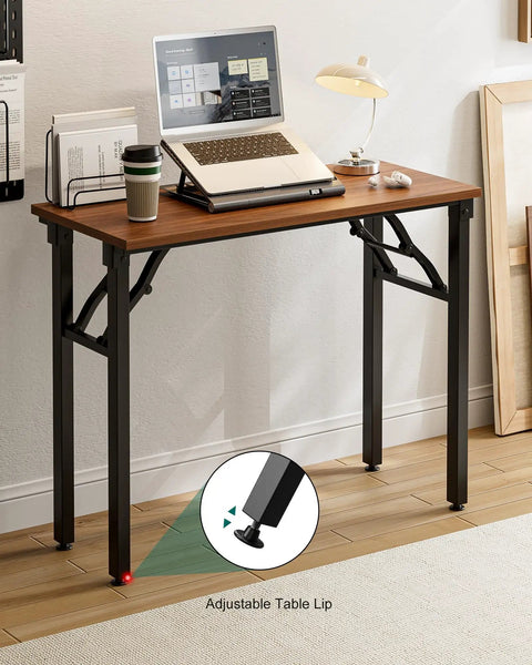 No Fuss Folding Laptop Desk For Small Spaces That Sets Up In Seconds 35.8 Inch Portable Table shown in use with laptop and coffee mug
