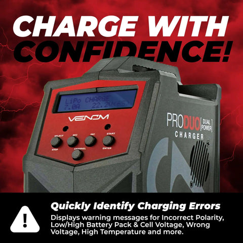 Close-up of Power Pro Duo LiPo Battery Charger With LCD Screen, displaying its red interface and control buttons.