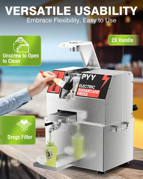 Heavy Duty Electric Sugarcane Juicer Machine With Three Rollers for Commercial Countertop Use showing dregs filter and cleaning features.