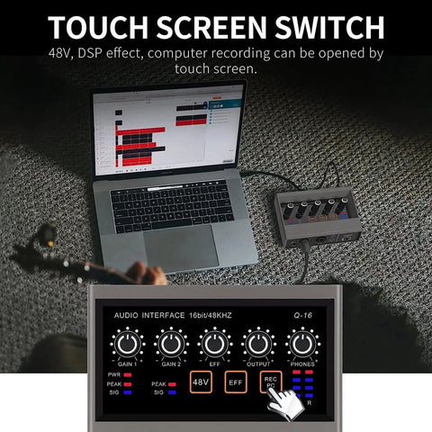 Laptop with USB Audio Interface for PC With Touch Control, XLR Inputs, and touch screen switch on carpet