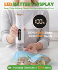 Person using Handheld Compact Vacuum Sealer For Food, Portable Meal Saver That Locks In Freshness In 5 To 10 Seconds with LED display