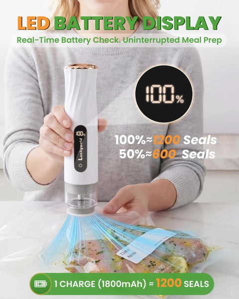 Person using Handheld Compact Vacuum Sealer For Food, Portable Meal Saver That Locks In Freshness In 5 To 10 Seconds with LED display
