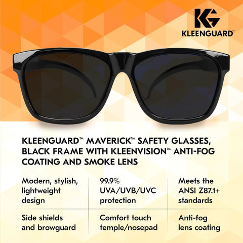 Unisex Maverick Safety Glasses with Anti-Fog Coating and Smoke Lenses, Black Frame, Lightweight Polycarbonate