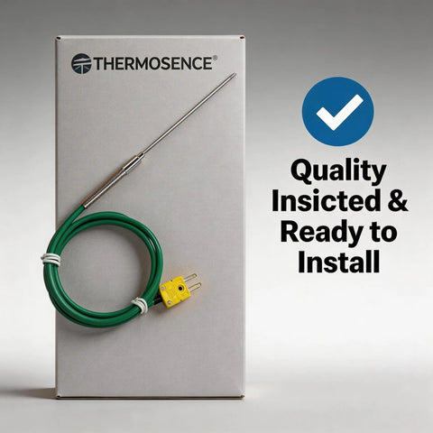 TL1911SL K-type thermocouple probe with 47-inch silicone cable and yellow 4-pin plug on Thermosence box