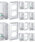 Heavy Duty Steel 4x2 Electrical Junction Boxes With Duplex Receptacle Covers Bulk Pack 10 Deep One And Seven Eighths Inches 13 Cu In Capacity Ten Knockouts Half Inch Tough And Reliable Wiring Boxes For Residential Commercial And Industrial Use, displayed in bulk with silver finish and duplex covers.