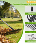 Heavy Duty 63 Inch Bow Rake With 17 Tines All Metal Garden Rake For Moving Gravel Like A Boss, shown raking leaves in park