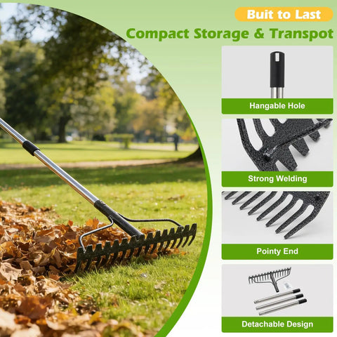 Heavy Duty 63 Inch Bow Rake With 17 Tines All Metal Garden Rake For Moving Gravel Like A Boss, shown raking leaves in park