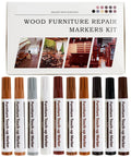 Top Drawer Wood Furniture Touch Up Markers Set Comes With Twelve Realistic Blend Pens Plus A Suede Rag To Beat Back Nicks Scratches And Fading On Your Best Home Pieces Fast, displayed in a kit.