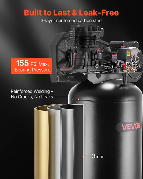 VEVOR 60 Gallon Air Compressor 3.7HP Belt Driven Oil Lubricated Tank 155PSI Max Pressure 8 SCFM Heavy Duty Industrial Grade Powerful Pump For Workshops And Auto Repair Shops No Plug Required Great Deal
