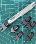 Flat Prong Leather Chisel Set with six interchangeable heads on a grid mat for DIY leather craft high hardness durable leatherworking kit.