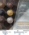 Antique Brass Cabinet Knobs 10 Pack Tough As Nails Heavy Duty Zinc Alloy Round 1.4 Inch Dia Kitchen Cabinet Handles with size details.