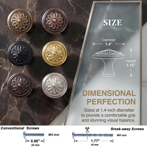 Antique Brass Cabinet Knobs 10 Pack Tough As Nails Heavy Duty Zinc Alloy Round 1.4 Inch Dia Kitchen Cabinet Handles with size details.